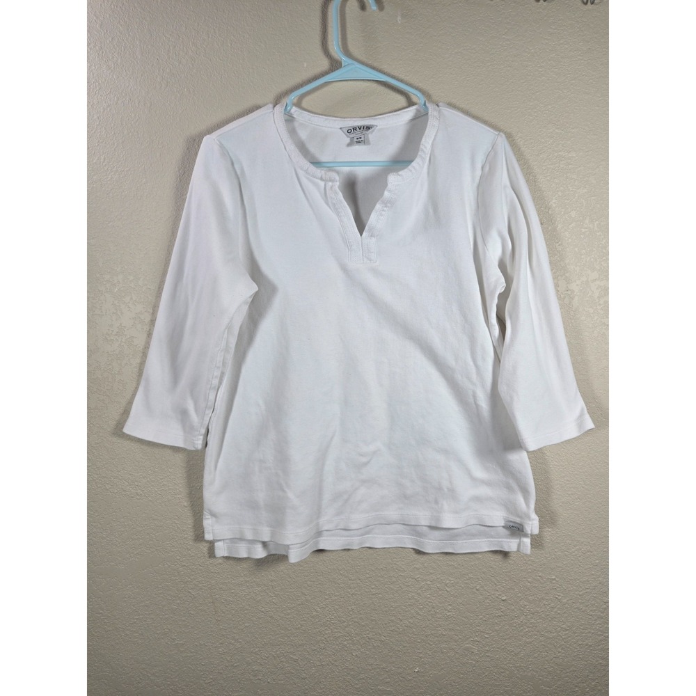 ORVIS Classic Collection White 3/4 Sleeve V Neck Pima Cotton Top Womens M